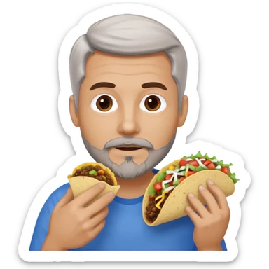 White man, blue eyes, brown gray hair, gray goatee, eating a taco sticker