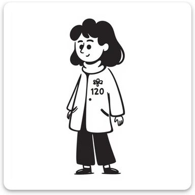 A girl with sideways hair, wearing a Squid Game-style coat with the number 120 on the right side of the coat, hand drawn doodle style sticker