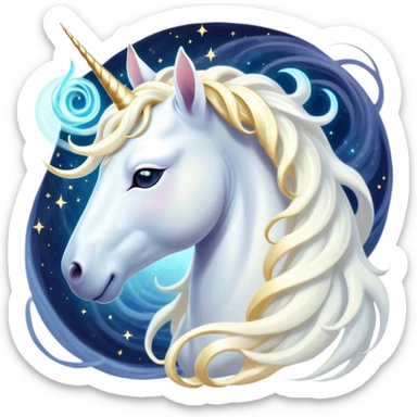 Beautiful and Majestic White Unicorn Portrait Emoji, Head and body exuding serene brilliance with a luminous, flowing mane and a gracefully spiraled horn, eyes gently closed in peaceful reverie, Simplified yet exquisitely enchanting features, highly detailed, glowing with a soft, celestial light, high shine, serene and utterly majestic, stylized with an air of timeless fantasy, soft glowing outline, capturing the essence of a beautiful and majestic white unicorn that embodies the pure magic of legend! sticker
