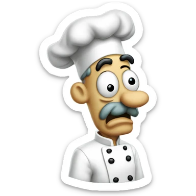 Anxious Italian Man in the Courage The Cowardly Dog Artstle with a squidward like nose, a chef hat, a small black moustache, and large mouth behind his nose. sticker