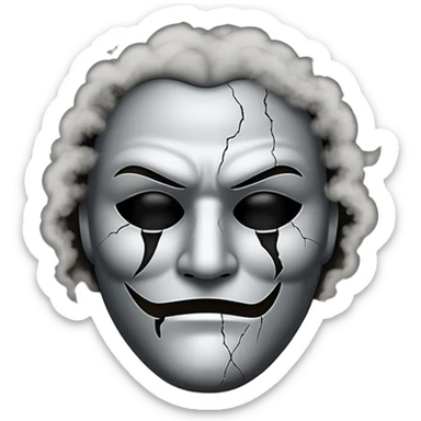 Minimalist emoji-style sticker of a cracked actor’s mask with empty eyes and faint smoke rising, grayscale with dusty shadows sticker