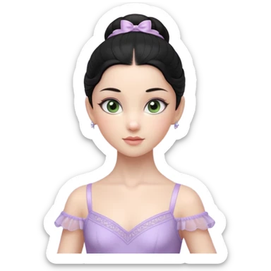 Cinematic Realistic ballerina Light Purple Portrait, depicted with lifelike skin texture, subtle rosy undertones, and soft natural lighting that enhances the gentle contours of her face. Her intricately detailed sweet black hair is elegantly styled, green eyes sticker