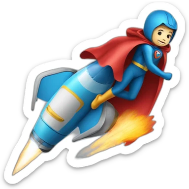 person dressed with a superhero cape riding on a rocket sticker