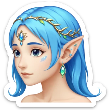 portrait of blue haired Elvish fae shiny sparkly iridescent translucent diaphanous ear climber ear cuff sticker