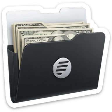 A minimal emoji-style icon of a matte black folder, slightly open, with a simple white or gold finance logo on the front symbolizing growth, stability, and money management, clean lines, subtle shading, and a professional, organized vibe. sticker