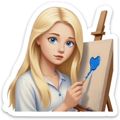 Cinematic realistic blonde with long hair, blue eyes paints a picture on canvas sticker