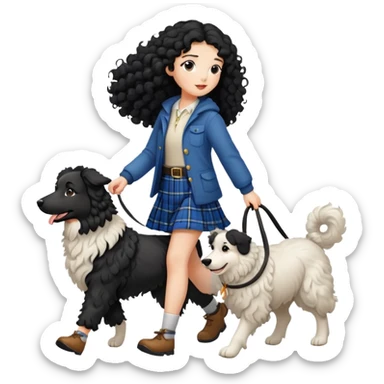 A girl with long black curly hair walking a Scottish shepherd dog sticker
