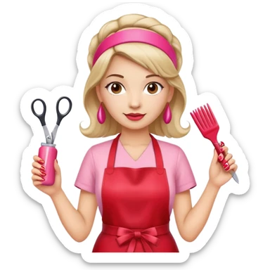Female hairdresser with headband, wearing red apron, holding pink nail polish bottle and scissors, beauty salon employee sticker