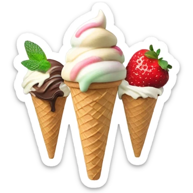 Ice cream cone with 4 scoops vanilla chocolate strawberry and mint sticker