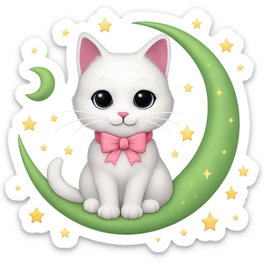 Add small yellow stars around the green crescent moon, keep the white cat with pink bow, in emoji style with no background. sticker