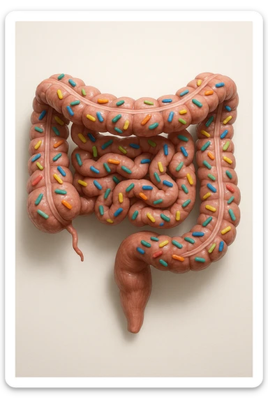 intestino umano anatomico in salute con batteri intestinali, sfondo chiaro neutro, IPERREALISTICA 4K sticker