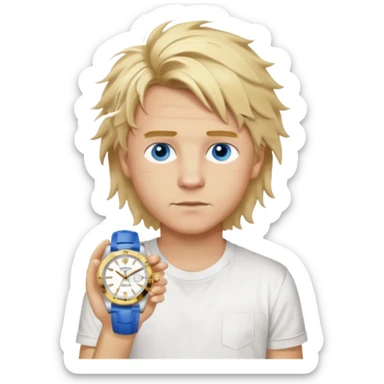Create a look for a blond boy with long, tousled hair, light eyes, a white t-shirt, a wealthy appearance, blue eyes, and accessories like a Rolex or Cartier watch, and a cute face with messy hair down. sticker