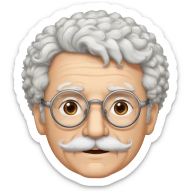 An elderly scientist emoji fluffy curly white hair, brown eyes behind black-framed glasses, a narrow pointed face, and a thin straight white mustache above his mouth. sticker