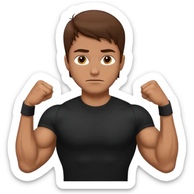 man with brown hair who is strong wearing black t shirt not smiling muscles sticker