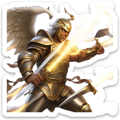 angels and demons in a lively fight mid flight with swords and armor and lightning sticker