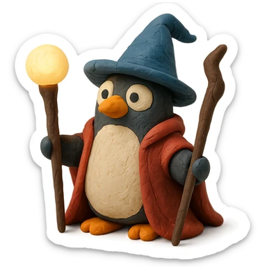 penguin wizard with a staff and glowing orb in claymation style sticker