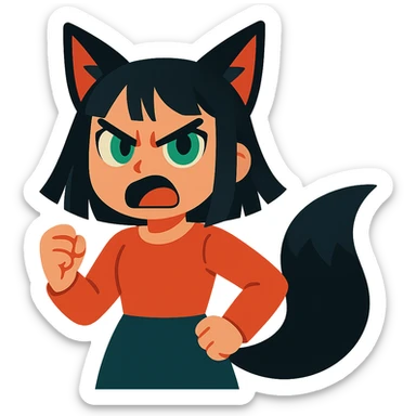 A girl with black fox ears and a tail, green eyes, dark hair, looking angry sticker