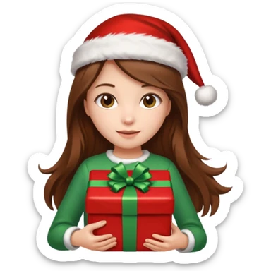 a girl with long brown hair wearing a christmas clothes and holding a gift sticker