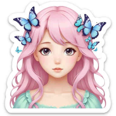 gorgeous pretty anime pastel lady with butterflies and beautiful hair fairycore cottagecore sticker