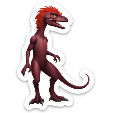 Cool edgy sexy handsome Maroon-colored velociraptor with bright-red messy mane full body sticker