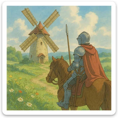 knight on horseback in front of windmill, ghibli style, soft colors, detailed, atmospheric sticker