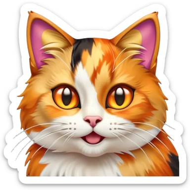Cinematic Comical Calico Cat Portrait Emoji, Head tilted dramatically with an exaggeratedly surprised expression, showcasing a vibrant patchwork fur of orange, black, and white with wide, comically expressive eyes, simplified yet hilariously detailed, glowing with a sassy, golden radiance, high shine, exuding playful mischief and cheeky feline attitude, styled with a soft glowing outline, capturing the essence of a calico cat that looks ready to leap off the screen with mischievous flair! sticker