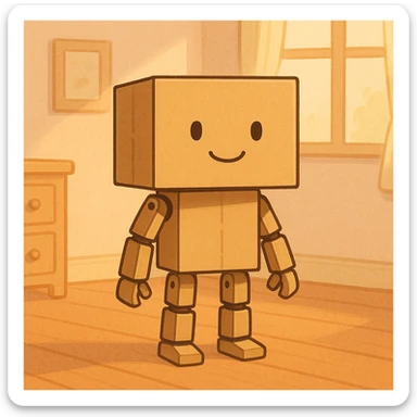 cartoonish cardboard robot with square head, simple drawn face, jointed limbs, standing in a warm, softly lit room with wooden floor, pastel colors, clean lines, nostalgic and cozy sticker