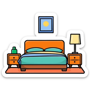 Cozy bedroom with bed, nightstand and lamp sticker