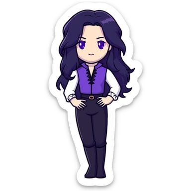 Yennefer from Witcher with long black hair, violet eyes, pale skin, wearing black clothes sticker