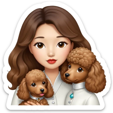 a asian lady with long balayage hair with highlights, long lashes, kissing a brown poodle, wearing white outfit sticker