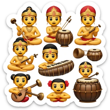 Cinematic Realistic Gamelan Pop Culture Emoji, depicted with an ensemble of traditional Indonesian instruments rendered with rich textures and rhythmic, cultural lighting. sticker