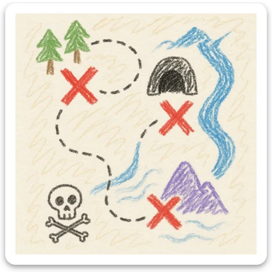 A fantasy treasure island map in Disney style, with a soft pirate theme, not scary, colorful and warm. The map shows 4 locations: a forest with trees, a dark cave, a tall mountain, and a river. Each location has an "X" mark. There are dotted paths leading to each "X". The map has an old parchment texture. No text labels, only clear visual icons. Beautiful detailed illustration, high quality. sticker