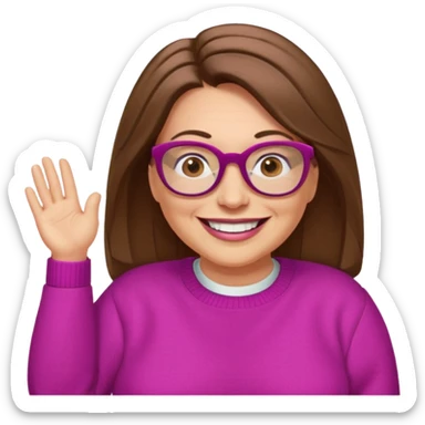 50 yr Caucasian woman, long brown hair parted on side, brown eyes, glasses, big smile, white teeth, fuscia sweater, chubby sticker