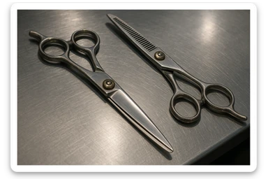 A set of professional barber scissors lies on a stainless steel workbench, gleaming under the bright lights. The blades are sharp and precise, with smooth handles showing signs of frequent use, ready for the next cut sticker