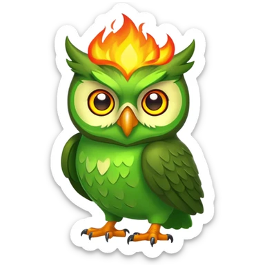 Duolingo green owl mascot with fire flames behind it sticker
