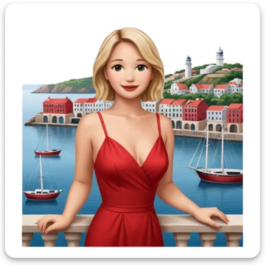 jennifer lawrence, red dress leaning on a balcony with a harbor and cityscape in the background, smiling, closeup sticker