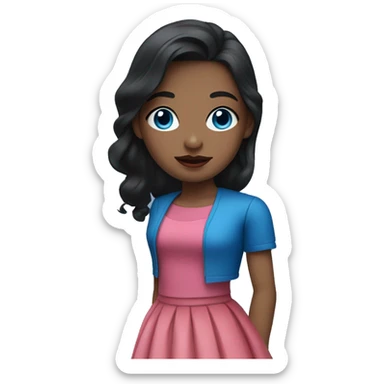 A girl with black hairand blue eyes and red lips and pink top and blue skirt sticker