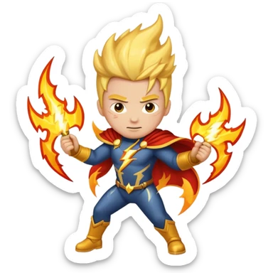 A hero standing tall, with lightning bolts and fire surrounding them sticker