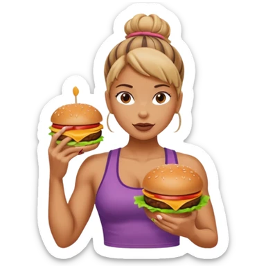 strong lean woman with visible strong abs eating a burger sticker