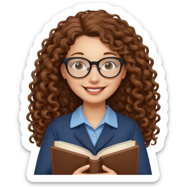 Long Hair Women with Book, Brown curly hair, happy

 sticker
