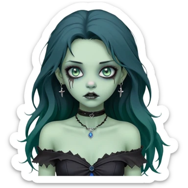 a soft, doll-like zombie girl with light sage green skin and big blue-green eyes, long black hair that swoops gently at the ends, a tiny silver nose stud and a delicate eyebrow piercing on the left side. she’s wearing an off-the-shoulder black top that shows her collarbones, sticker