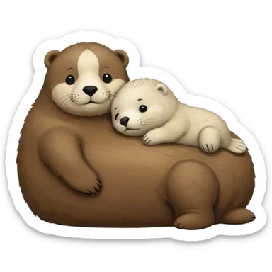 tiny white seal laying on a big brown bear’s belly sticker