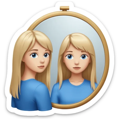 young woman with long straight dirty blonde hair, side bangs, and blue eyes. She is admiring herself in a mirror sticker