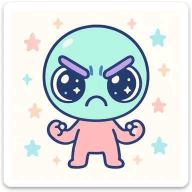 cute cartoon alien showing anger, big expressive eyes, vibrant colors, exaggerated angry face, small body, playful style sticker