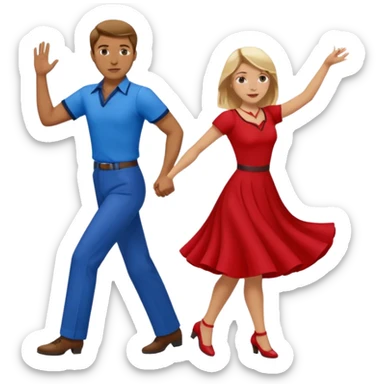 Two people. Man wearing all  RED with brown hair. Women  ALL blue with blond hair. Swing Dancing.  sticker