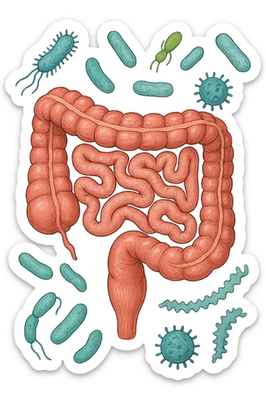 intestino umano anatomico con batteri intestinali che gli fluttuano intorno sticker