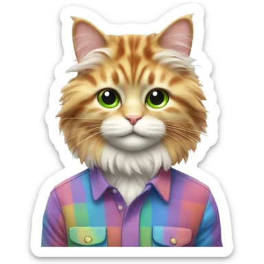fluffy colorful rainbow cat in a checkered shirt sticker