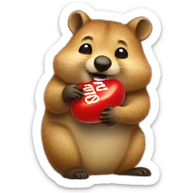 a cute quokka eating a large red peanut M&M sticker