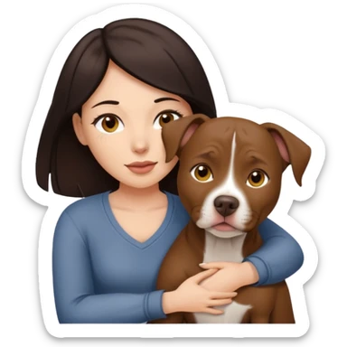 A woman with dark hair and brown eyes is hugging a ball over brown pitbull femail dog with golden eyes with cropped ears  sticker