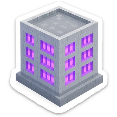 Russian panel apartment building, modernized square block, light gray, ultraviolet glowing windows, isometric view sticker